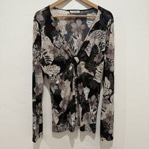 Carol Rose Womens Blouse L Large Brown V Neck Top Lightweight Long Sleeve